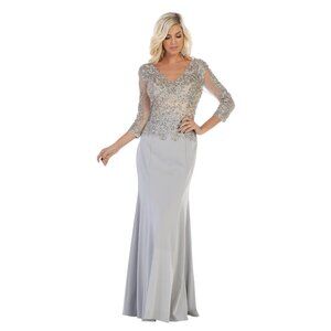 MayQueen #1505 Silver/Nude Size XL-Mother of the Bride or Groom Formal Gown